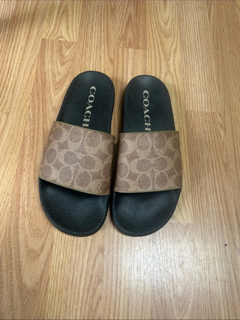 Coach Brown Signature Monogram Slide Sandals with Black Footbed